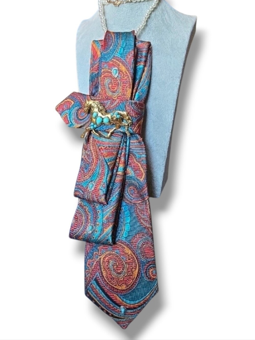 3/$60 Multicolor Paisley Cravat with Decorative Horse Brooch
